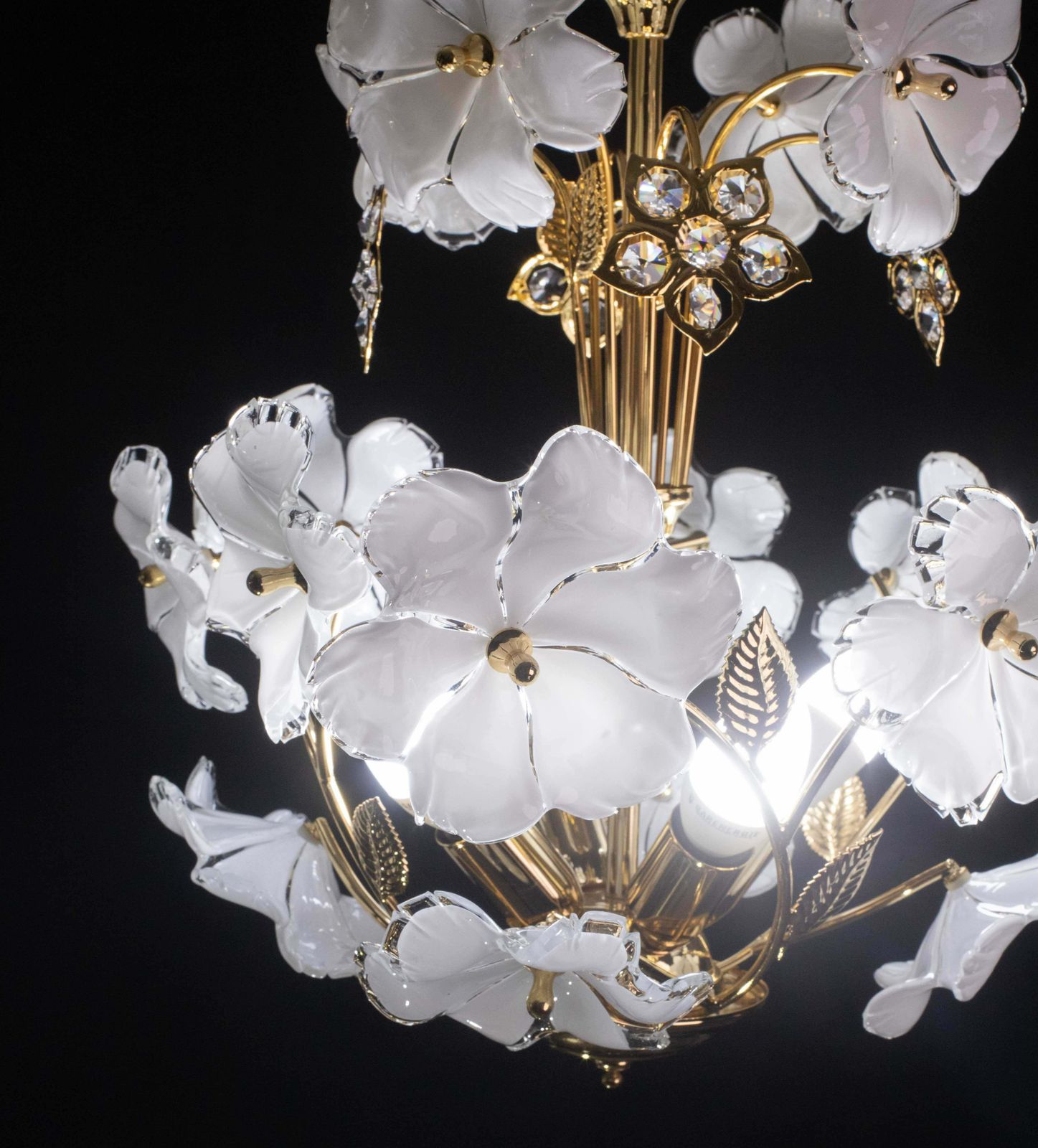 Charming Murano And Crystal Glass Vintage Chandelier White Flowers, 1970s photo buy