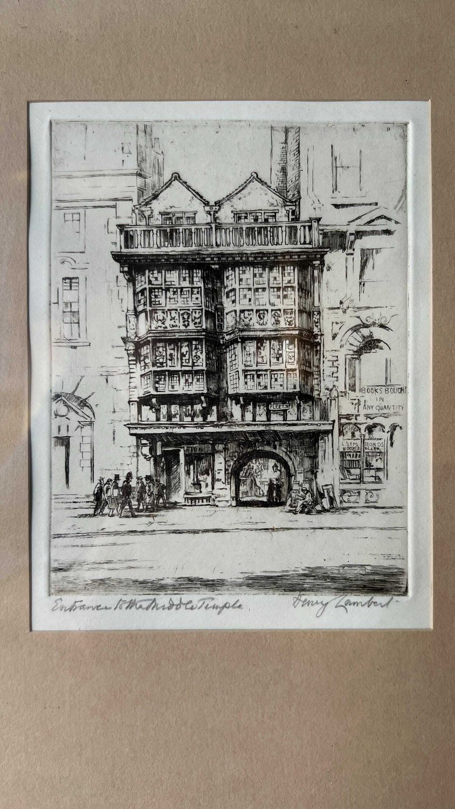 Early 1900’s Hand Pulled Etching Picture By Henry Lambert Featuring Entrance To Middle Temple, Fleet Street, London photo for sale
