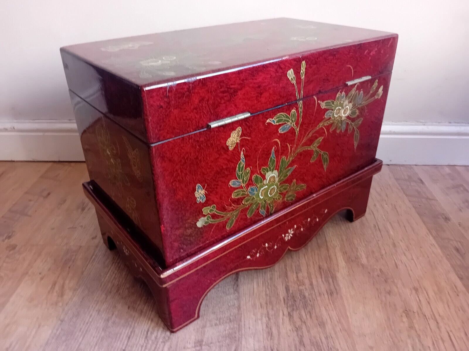 photo for sale Beautiful Mid Century Chinese Lacquered Wood Chest With Removable Stand