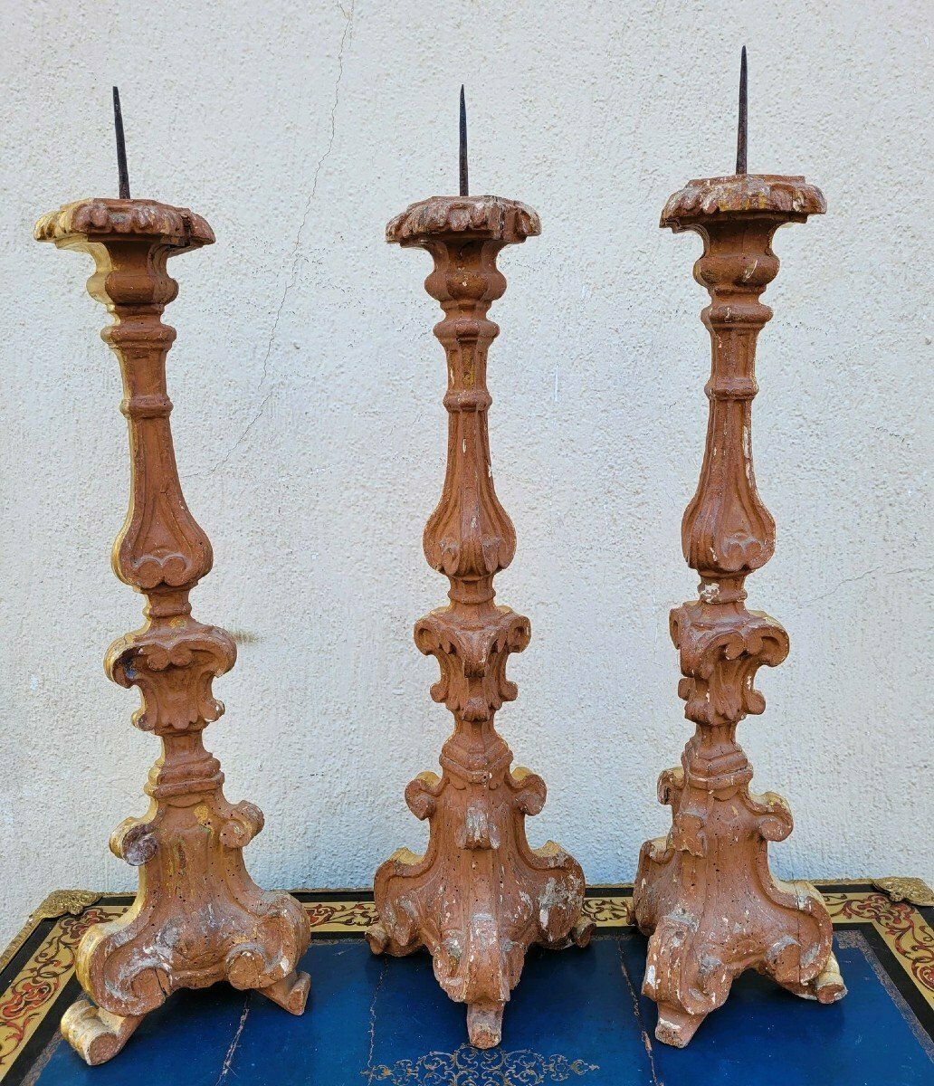 Set Of 3 Gilded Wood Candlesticks, 19th Century photo buy