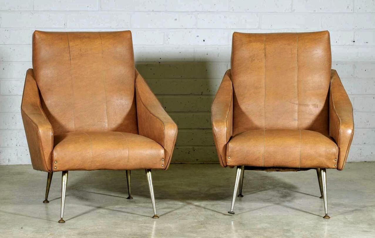 Chic Vintage 1960s Italian Armchairs Tapering Brass Supports  Delivery Available 0174. photo furniture