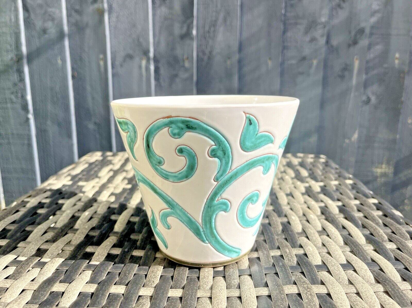 Mid Century 60's 70's Italian Pottery White Turquoise Abstract Leaf Plant Pot photo buy