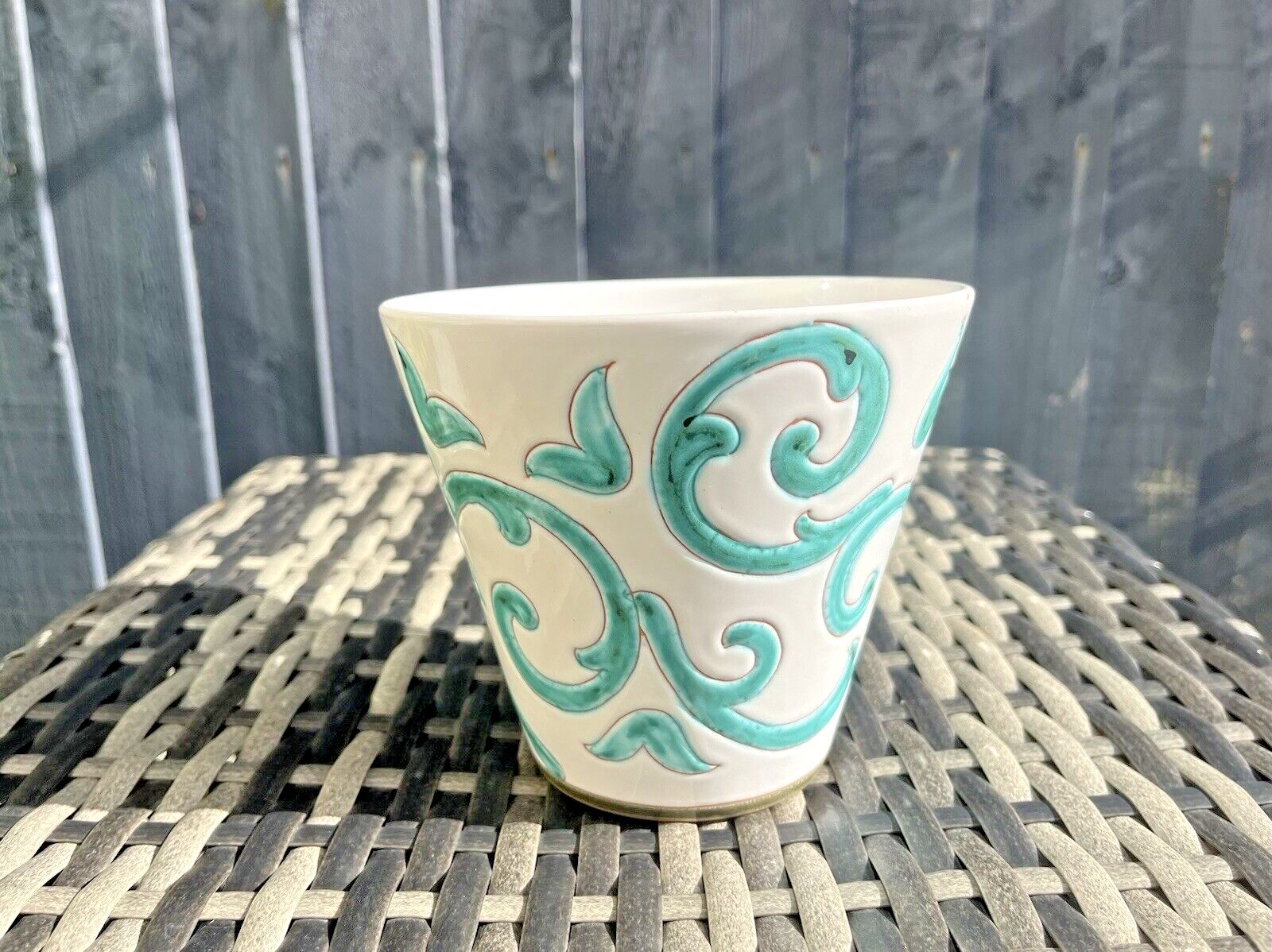 Mid Century 60's 70's Italian Pottery White Turquoise Abstract Leaf Plant Pot photo vintage
