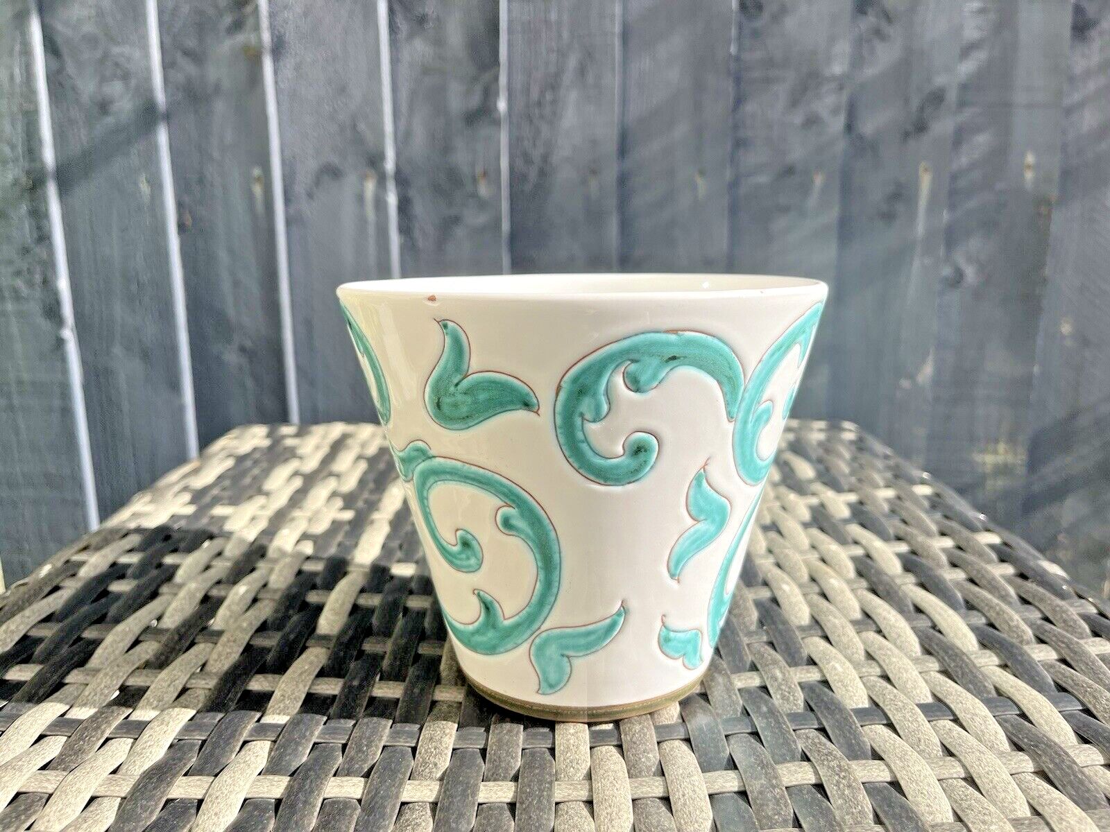 photo furniture Mid Century 60's 70's Italian Pottery White Turquoise Abstract Leaf Plant Pot