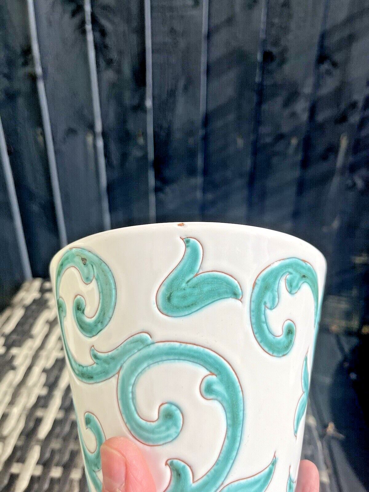 photo for sale Mid Century 60's 70's Italian Pottery White Turquoise Abstract Leaf Plant Pot