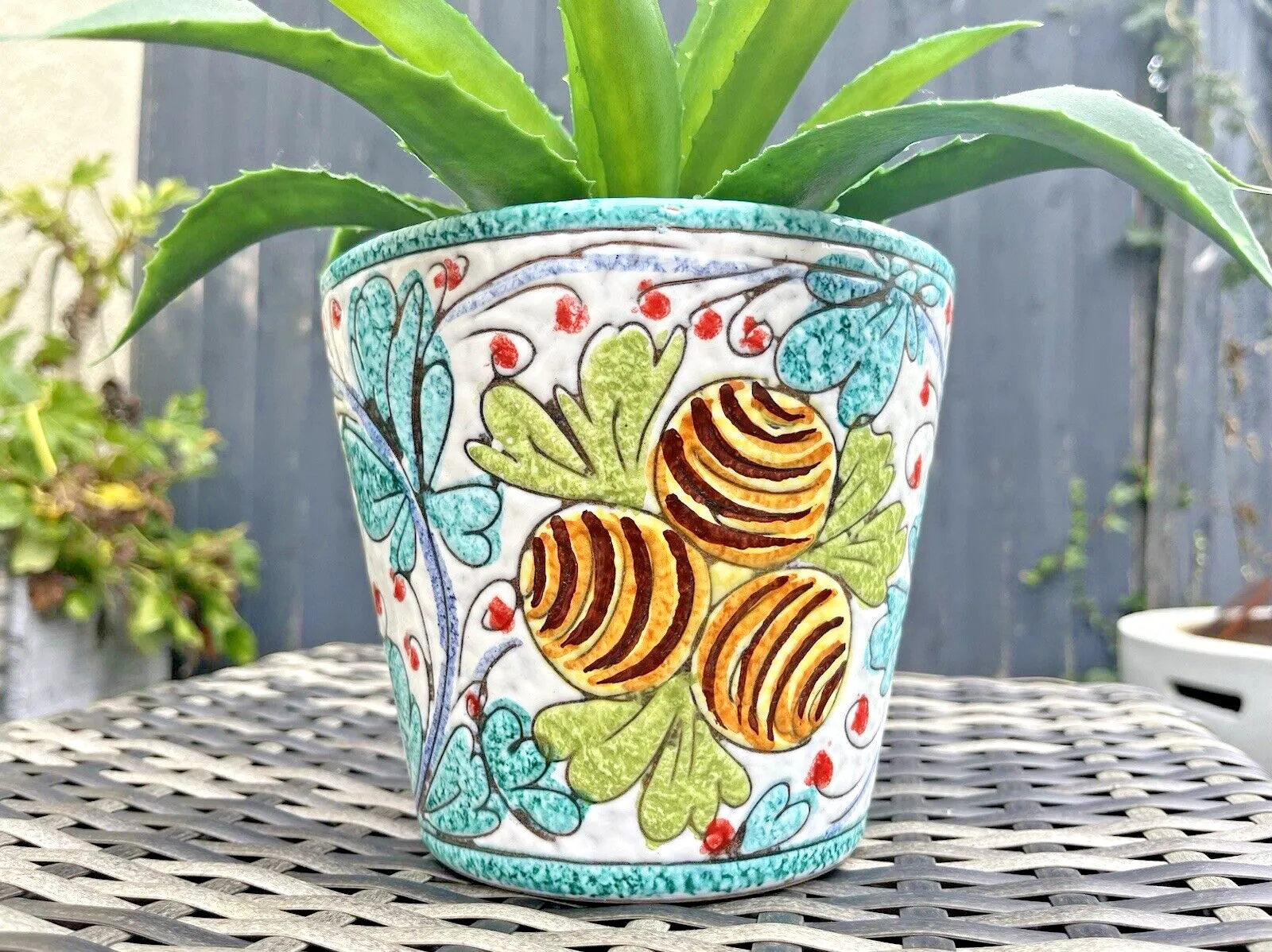 Mid Century Italian Floral Leaf Lemons Planter Plant Pot 60's Turquoise Fratelli