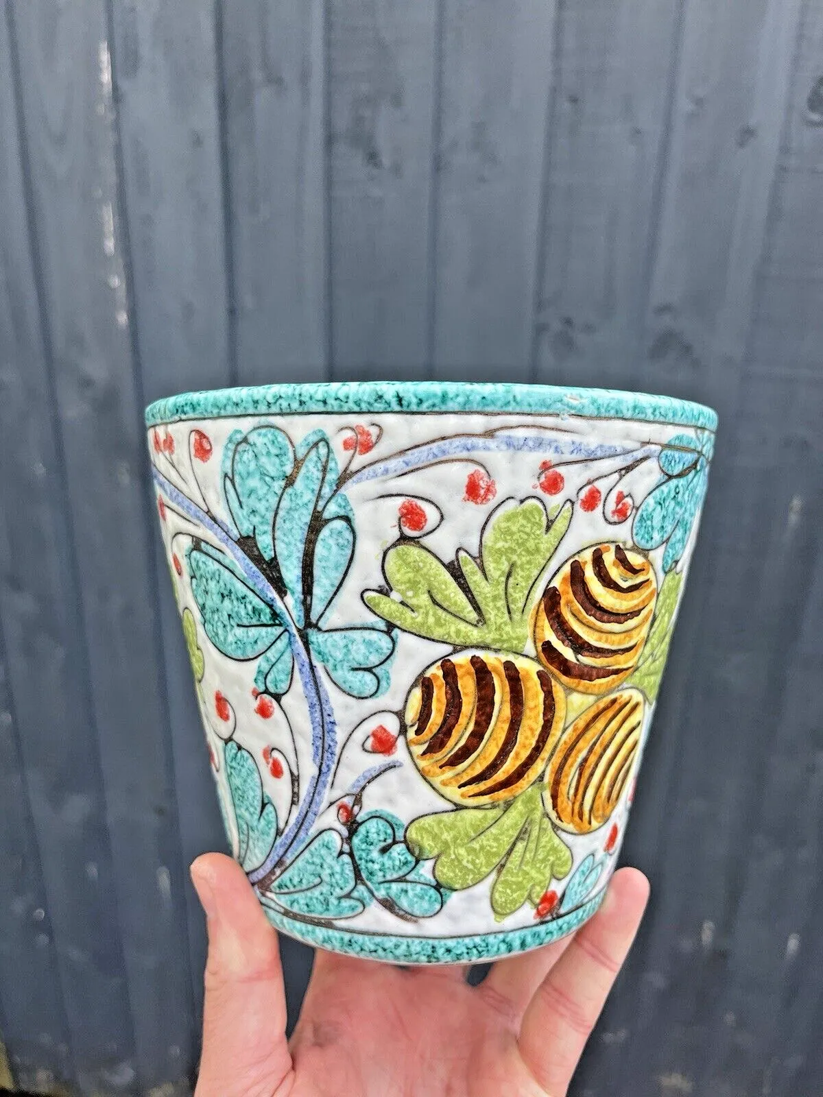 Mid Century Italian Floral Leaf Lemons Planter Plant Pot 60's Turquoise Fratelli photo furniture