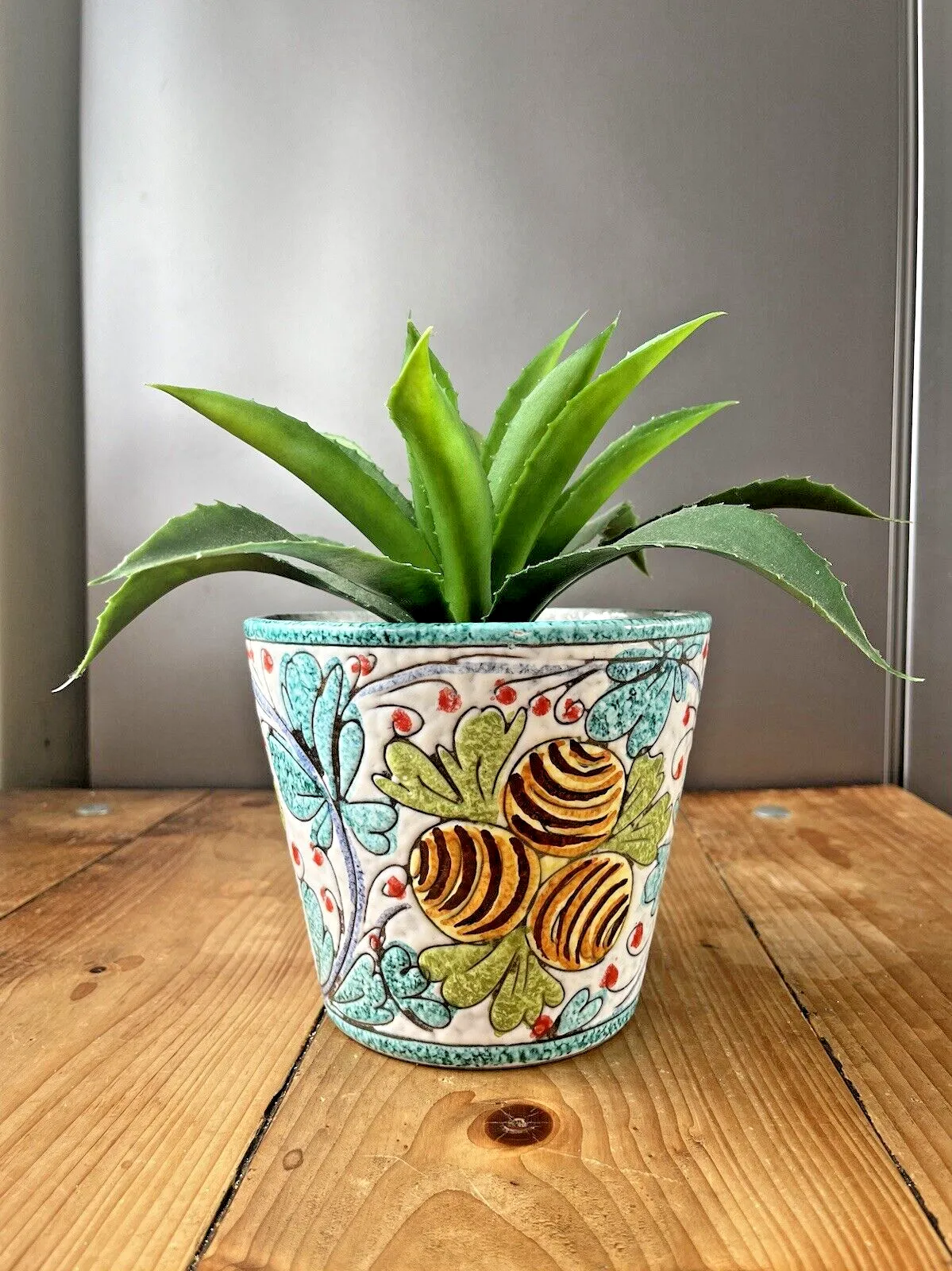 Mid Century Italian Floral Leaf Lemons Planter Plant Pot 60's Turquoise Fratelli photo for sale