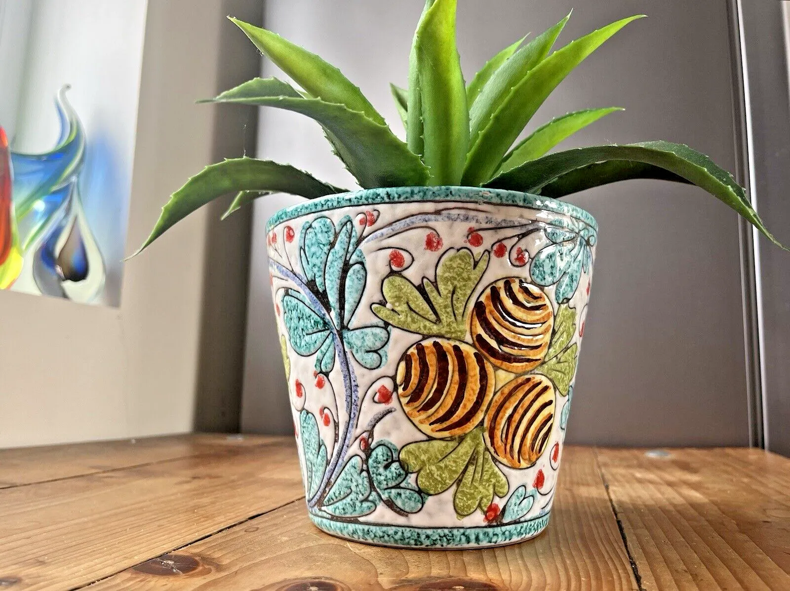 Mid Century Italian Floral Leaf Lemons Planter Plant Pot 60's Turquoise Fratelli photo vintage
