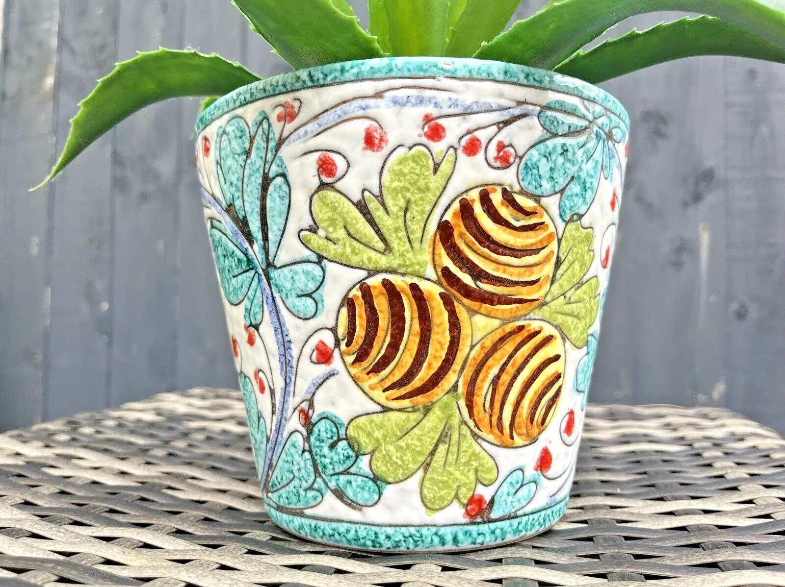 photo vinterior Mid Century Italian Floral Leaf Lemons Planter Plant Pot 60's Turquoise Fratelli