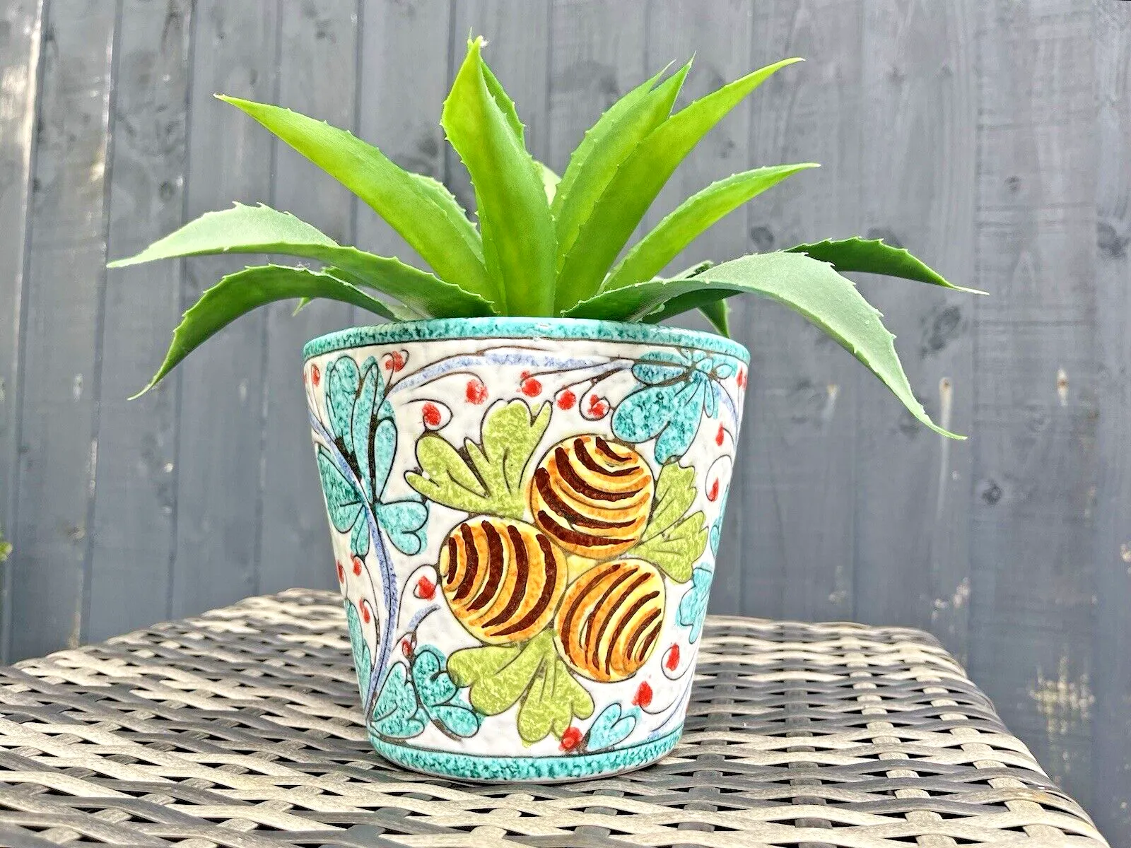 photo buy Mid Century Italian Floral Leaf Lemons Planter Plant Pot 60's Turquoise Fratelli