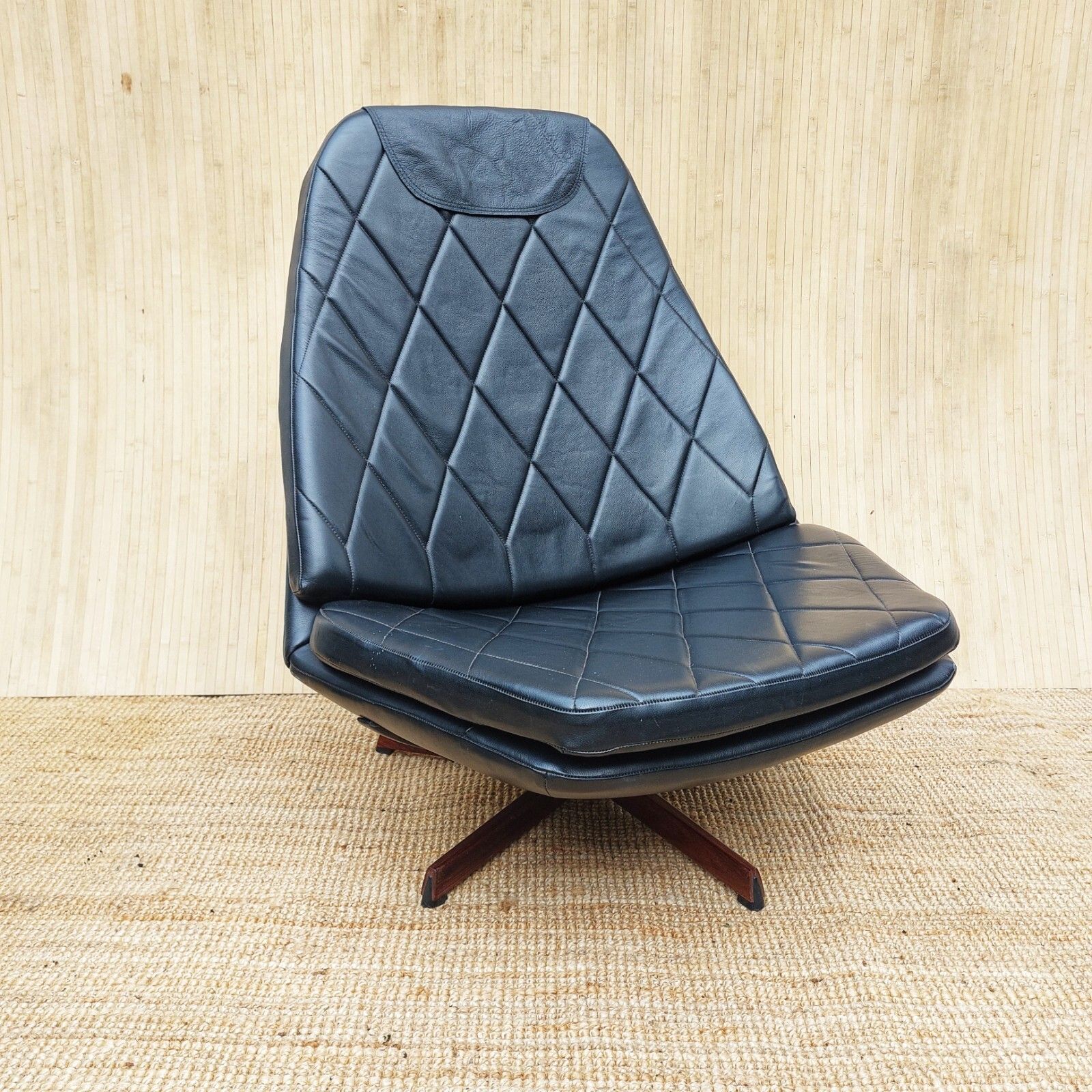 Fab Vintage 1970s Danish Madsen & Schubell Swivel Recliner Chair Black Leather