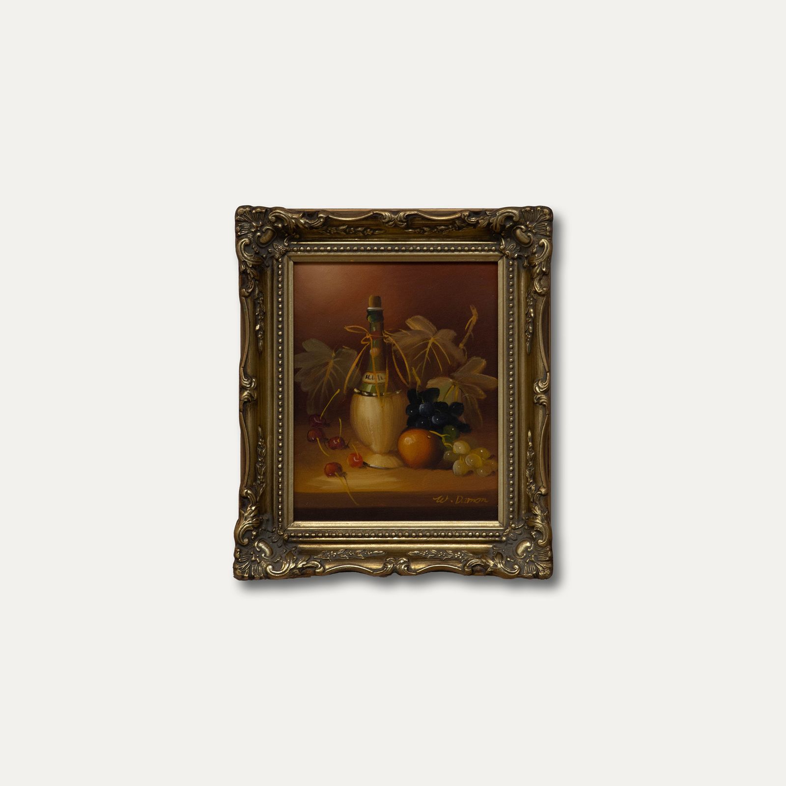 W. Damon Framed Contemporary Oil, Still Life With Fruit & Wine photo buy