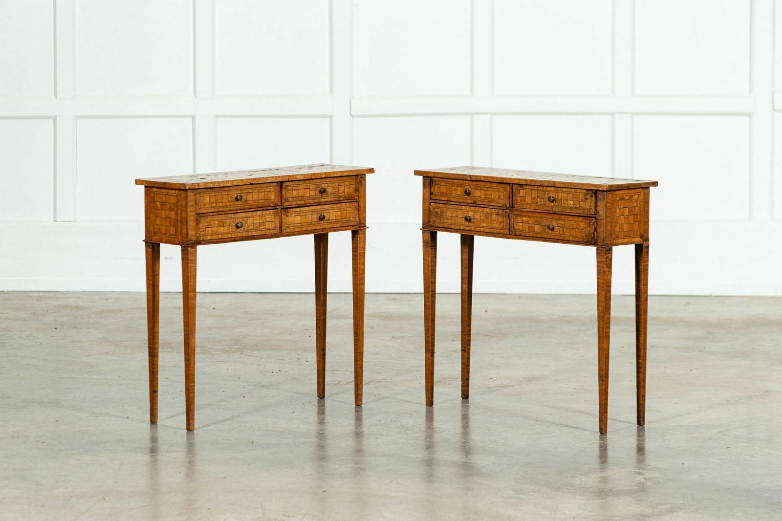 Pair Italian Oak Parquetry Inlaid Four Drawer Side Tables photo furniture