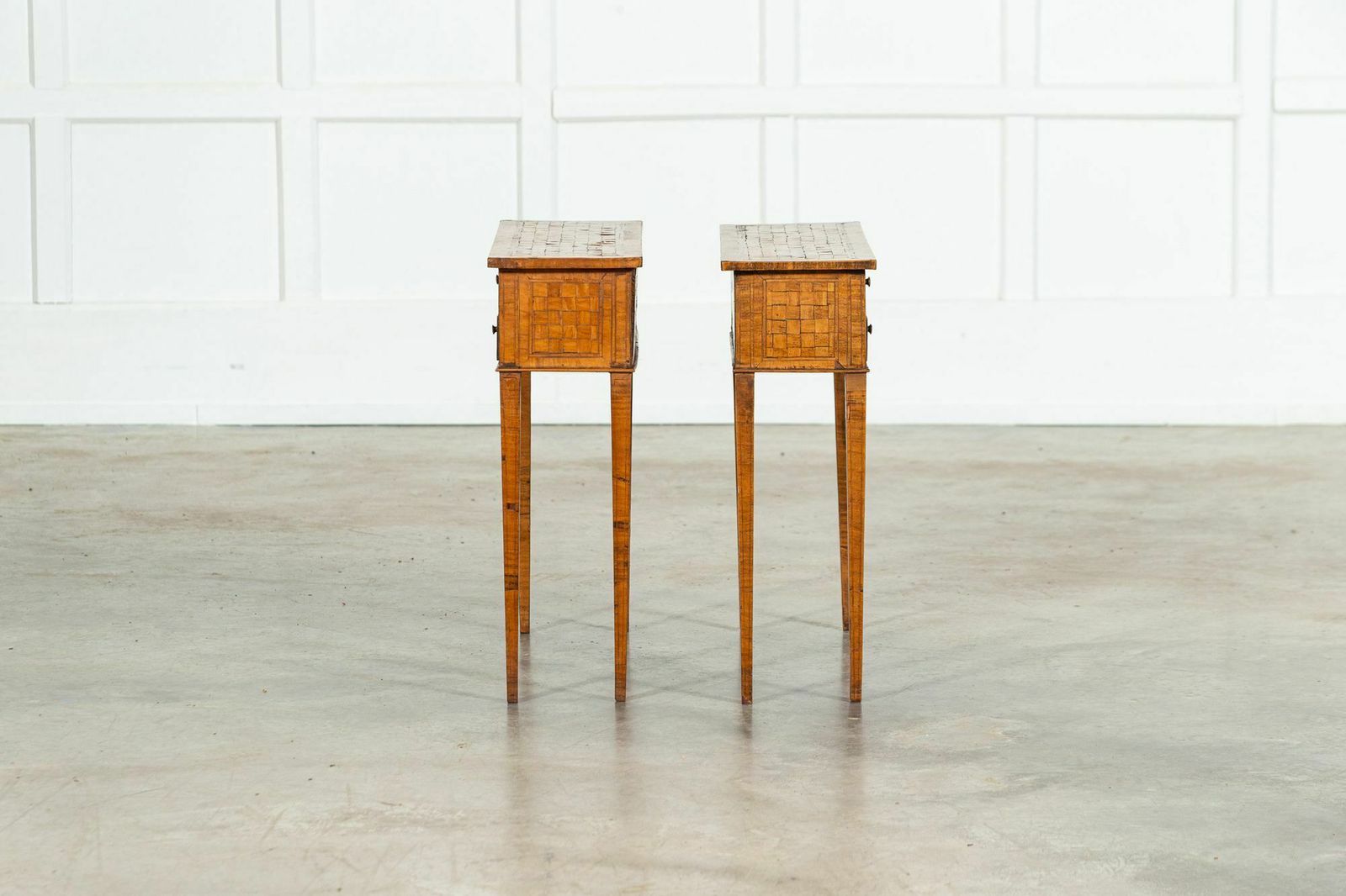 Pair Italian Oak Parquetry Inlaid Four Drawer Side Tables photo vinterior