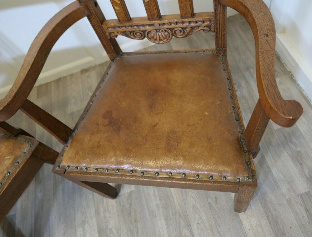 Pair Of Excellent Quality Arts And Crafts Carved Oak Carver Chairs photo vinterior