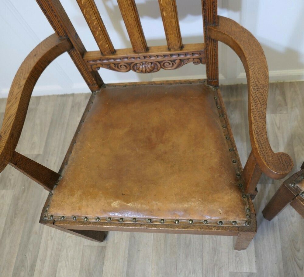Pair Of Excellent Quality Arts And Crafts Carved Oak Carver Chairs photo buy