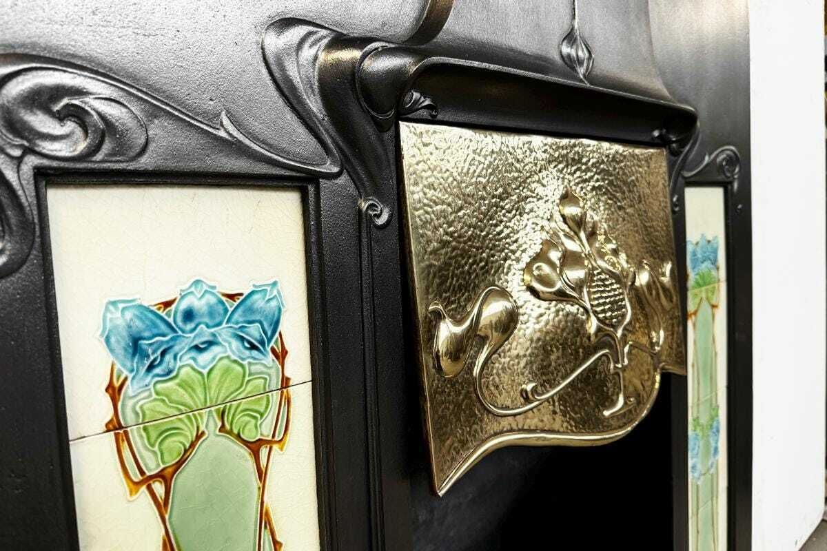Large Tall Reclaimed Art Nouveau Edwardian Cast Iron Combination Grate photo vinterior
