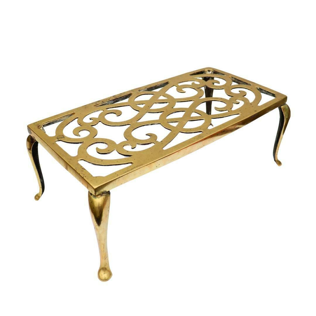 Large 16'' Antique Brass Fireplace Trivet, Victorian Brass Foot Stool, English Brass Plant Stand photo for sale