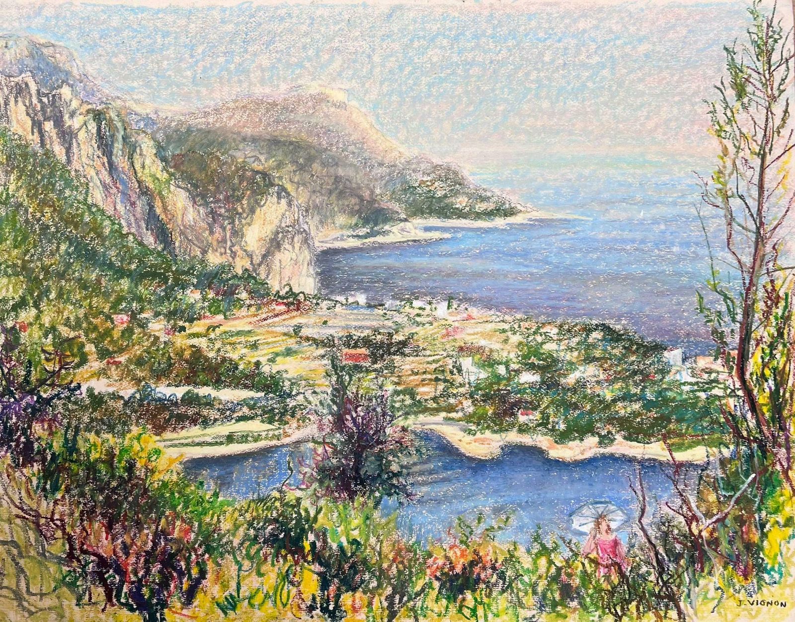 Josine Vignonlarge 1970's French Impressionist Pastel Figure In Côte D'azur Nice Landscape1977
