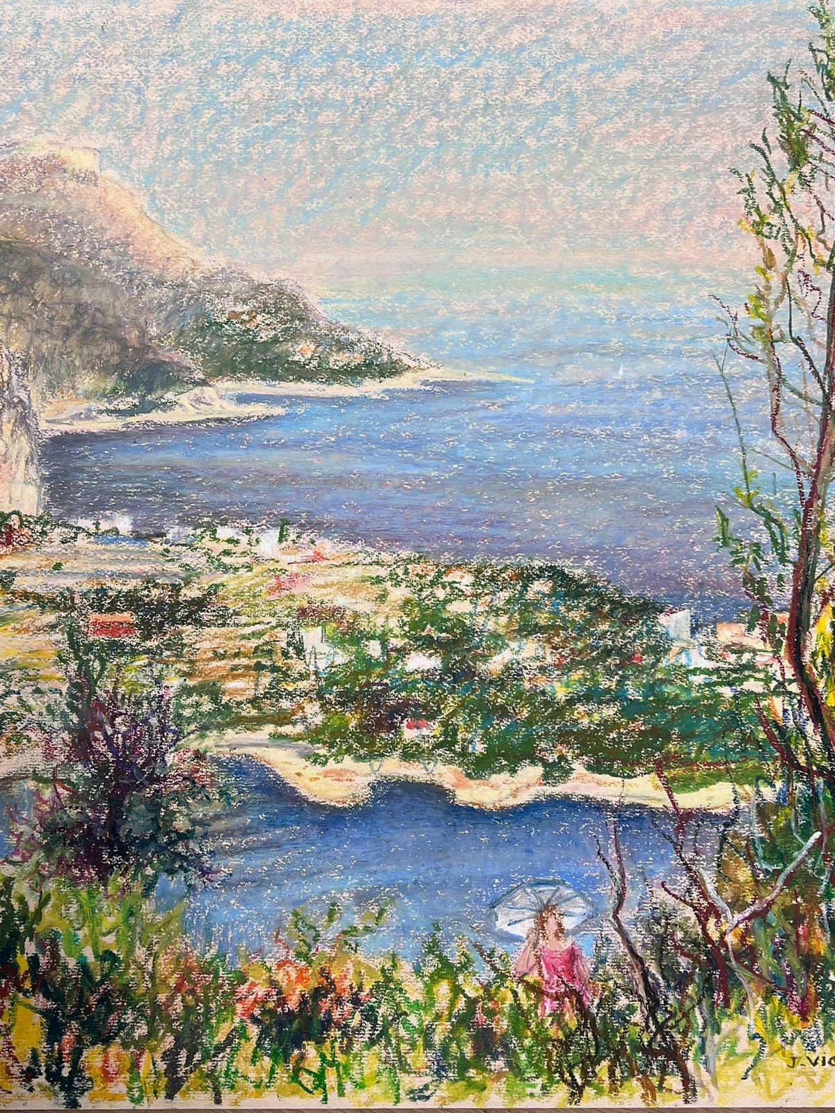 Josine Vignonlarge 1970's French Impressionist Pastel Figure In Côte D'azur Nice Landscape1977 photo vinterior