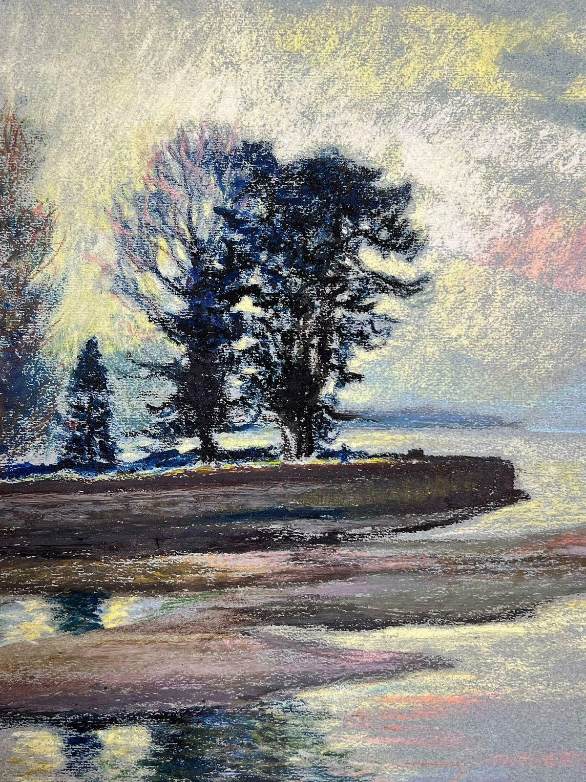 Josine Vignonwhite Birds Flying Over Blue Lakes Large 1970's French Impressionist Pastel 1977 photo for sale