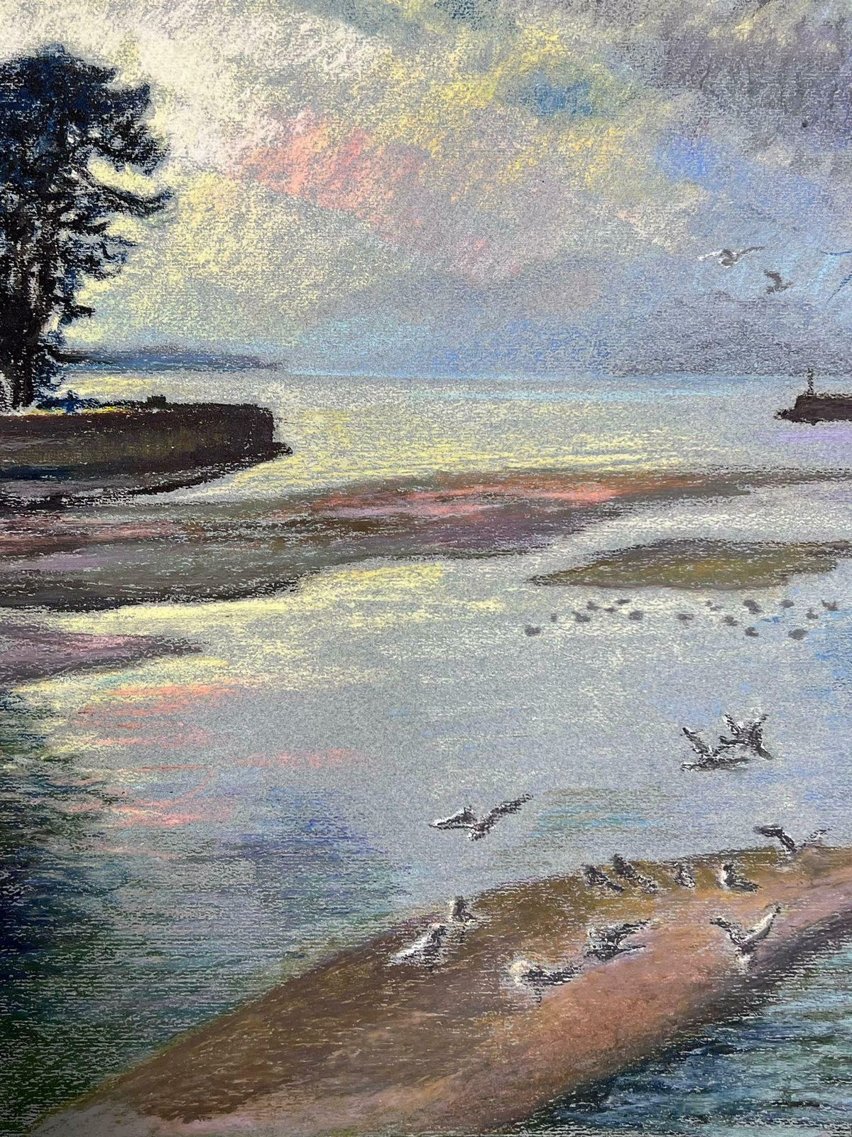 Josine Vignonwhite Birds Flying Over Blue Lakes Large 1970's French Impressionist Pastel 1977 photo Art