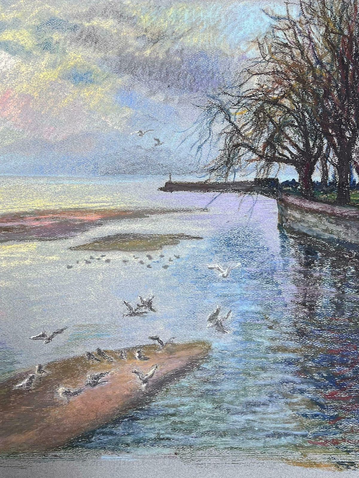 Josine Vignonwhite Birds Flying Over Blue Lakes Large 1970's French Impressionist Pastel 1977 photo 875.0