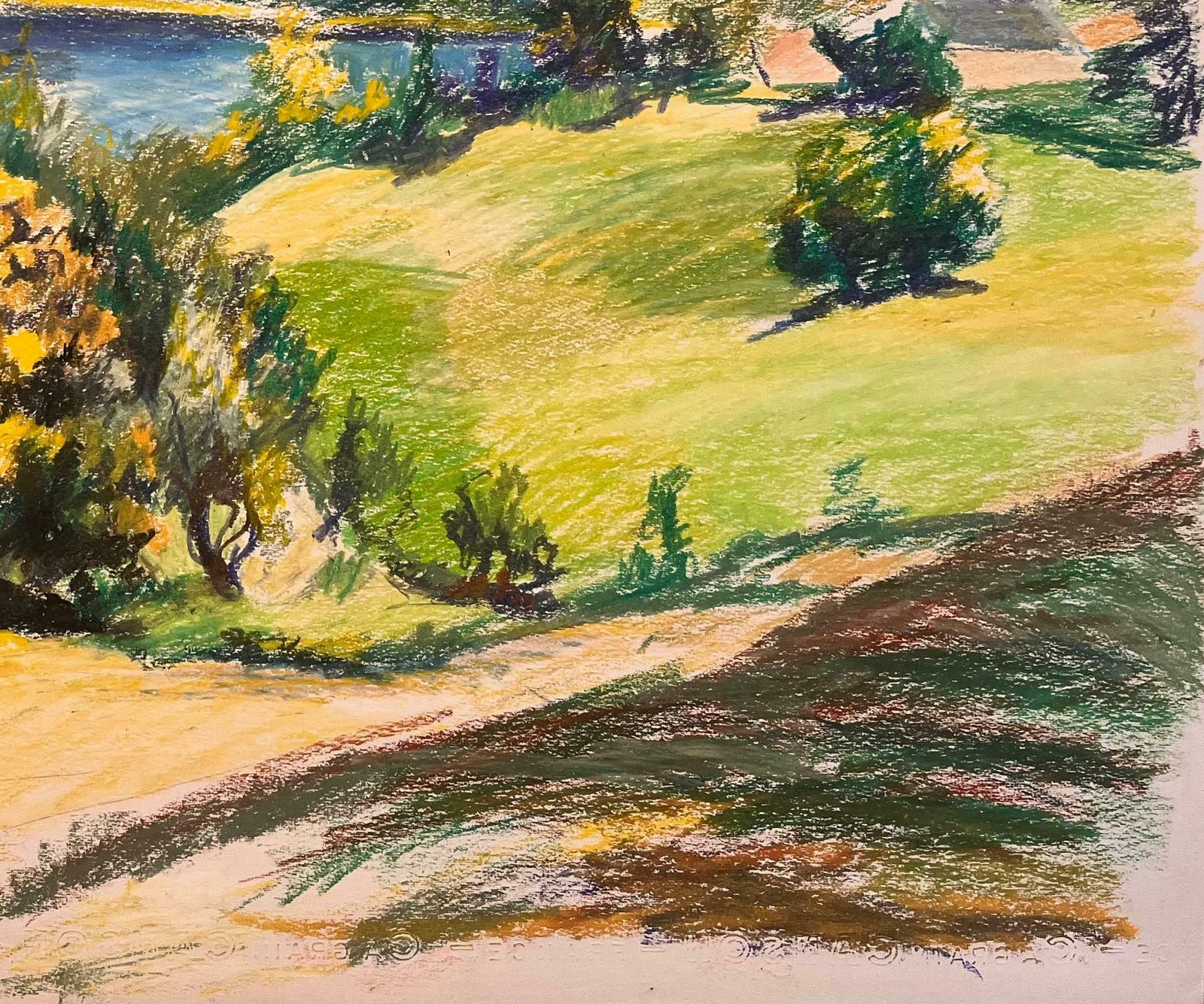 Josine Vignonmid Century French Original Pastel Drawing Of River Landscape And Rolling Hills1950's photo 850.0