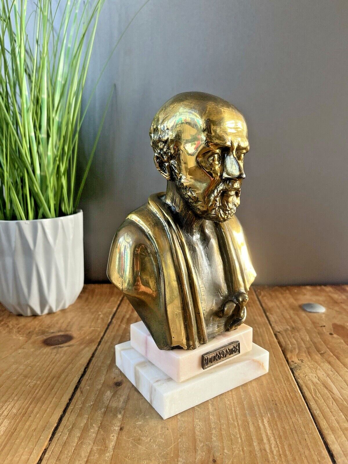 Vintage Cast Brass Marble Base Bust Greek Philosopher Hippocrates Sculpture Desk photo Art