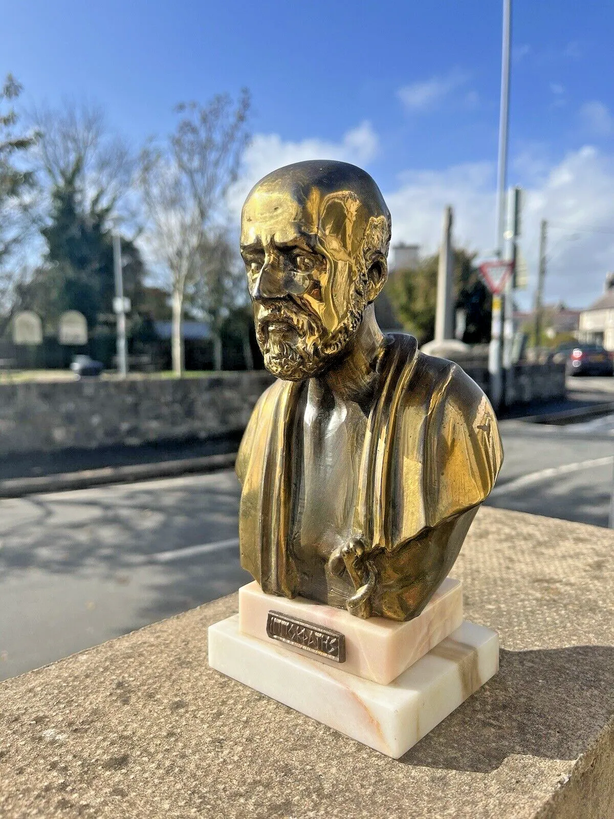 102.0 Vintage Cast Brass Marble Base Bust Greek Philosopher Hippocrates Sculpture Desk photo