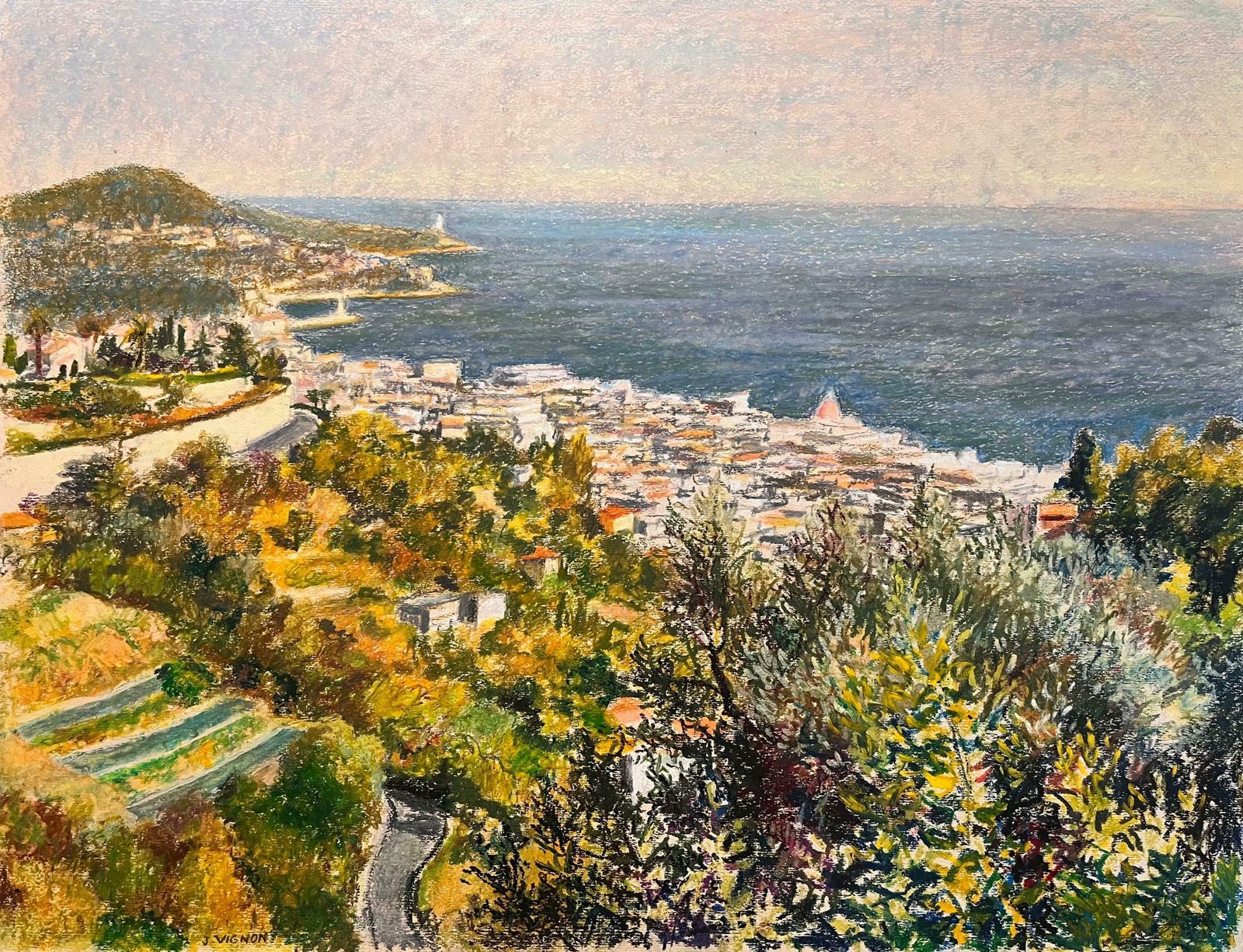 Josine Vignonmid Century French Pastel Drawing Of Sunlit Coastal Town And Calm Blue Sea1950's