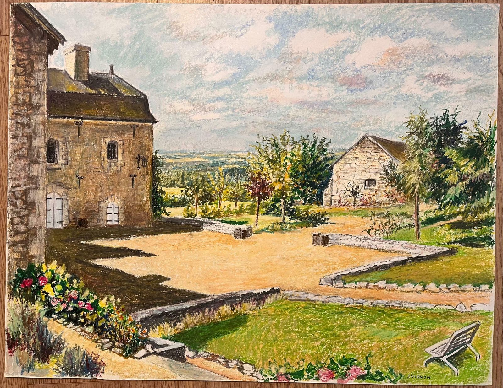Josine Vignonmid Century French Original Pastel Drawing Of Stone House With Courtyard1950's photo furniture