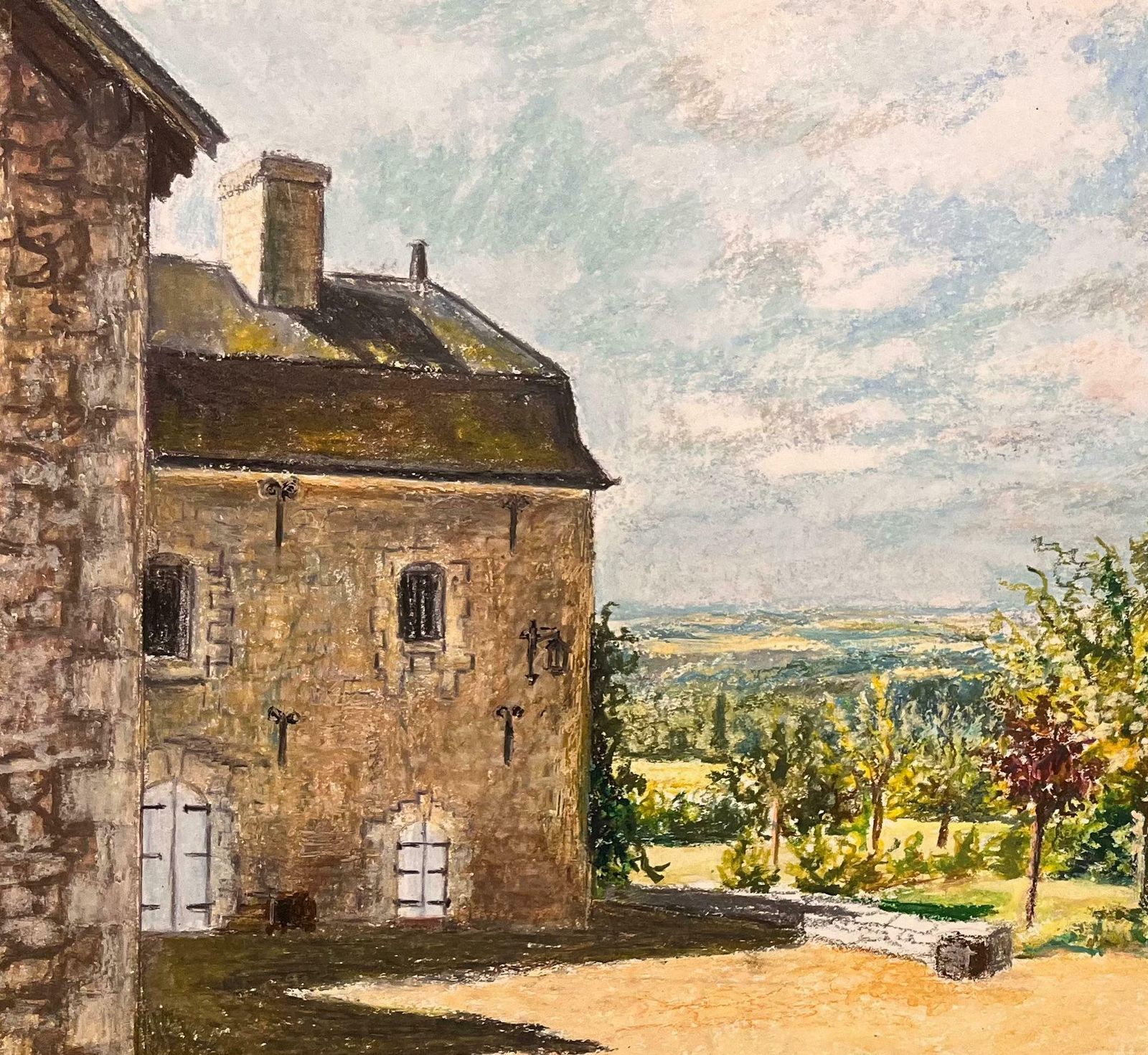 Josine Vignonmid Century French Original Pastel Drawing Of Stone House With Courtyard1950's photo for sale