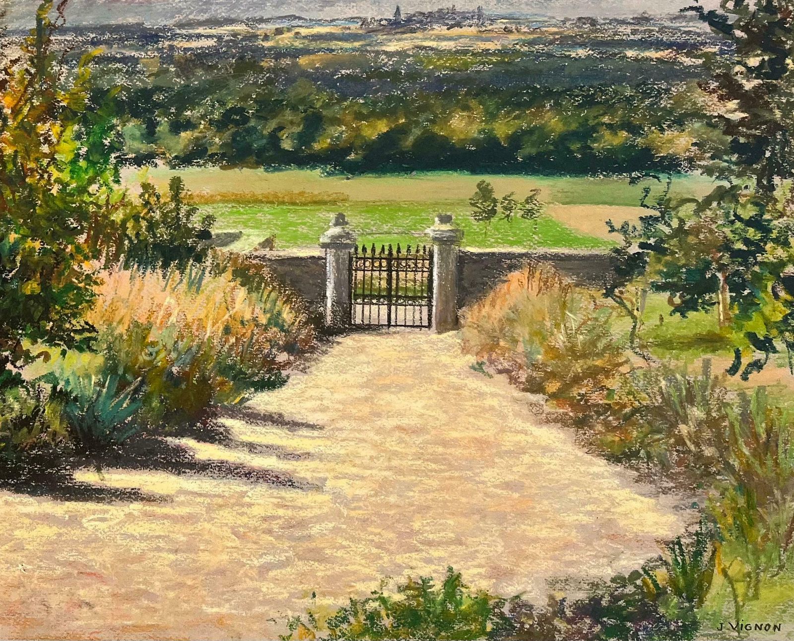 Josine Vignonmid Century French Original Pastel Drawing Of Driveway Gate And Distant Horizon1950's photo 891.0
