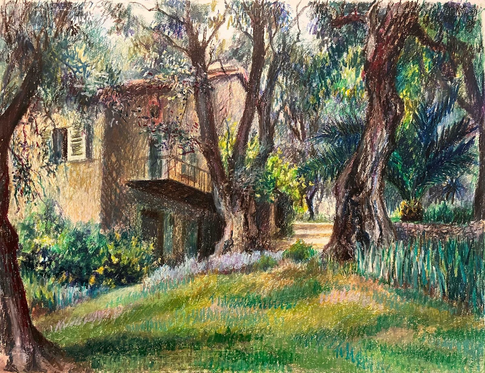 Josine Vignonmid Century French Original Pastel Drawing Of Rustic House And Garden1950's
