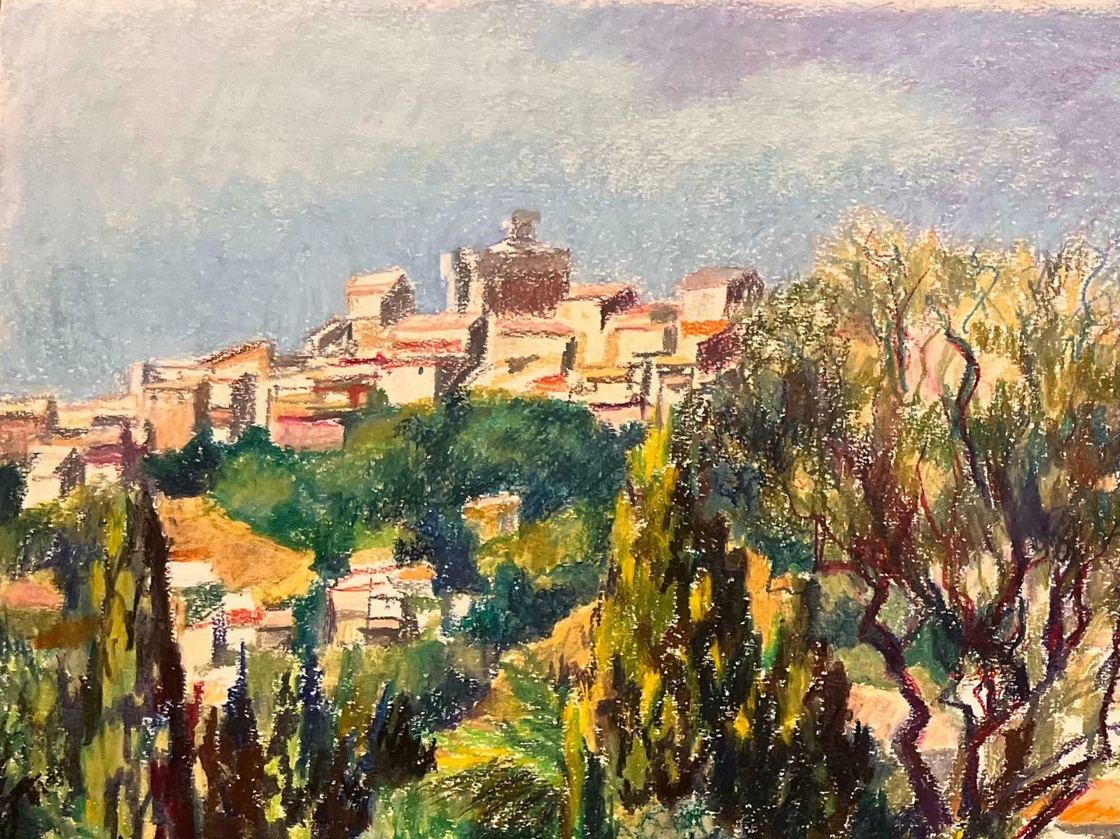 Josine Vignonmid Century French Original Pastel Drawing Of Hilltop View Overlooking Village1950's photo for sale