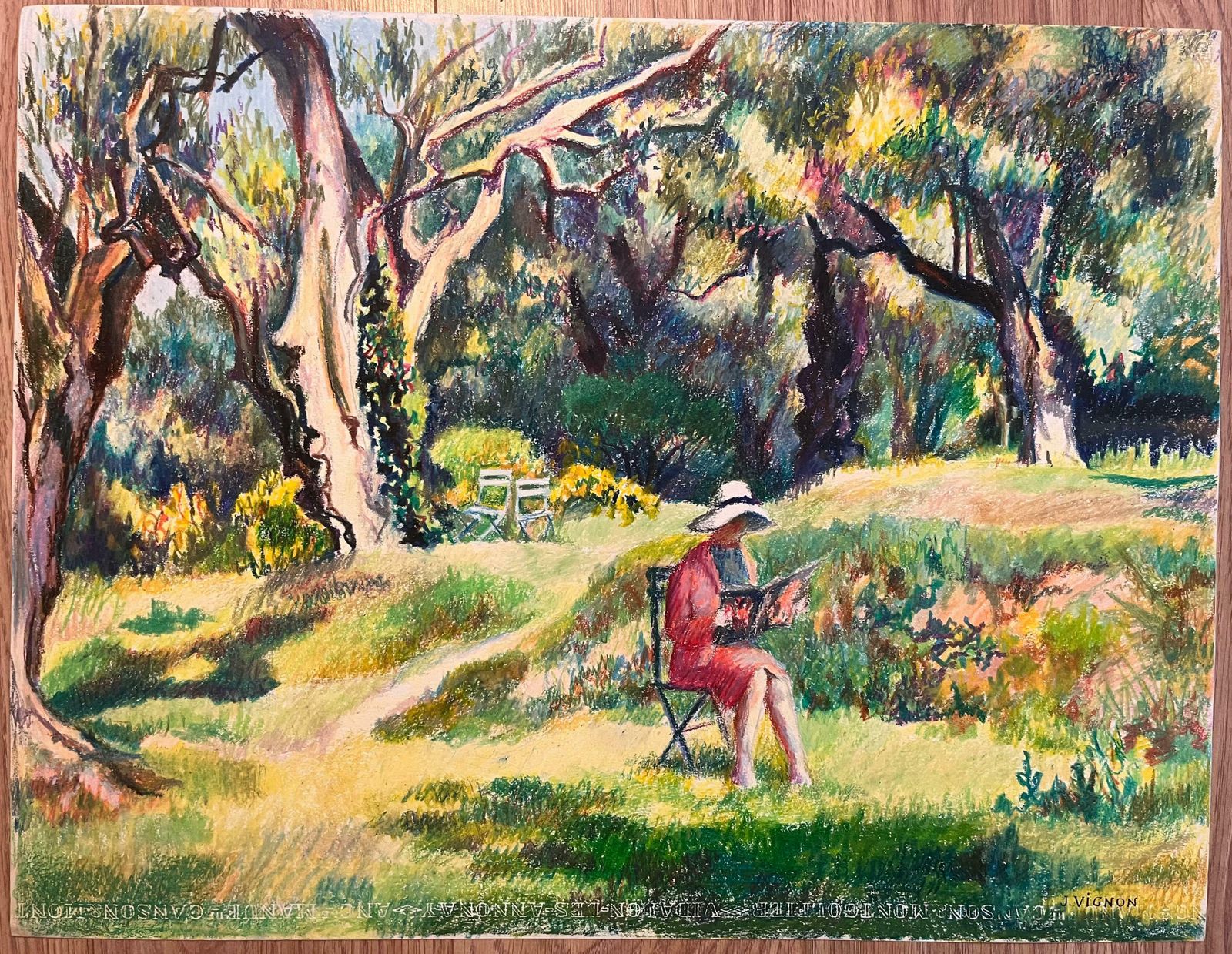 Josine Vignonmid Century French Original Pastel Drawing Of Woman Reading In A Sunlit Garden1950's photo furniture
