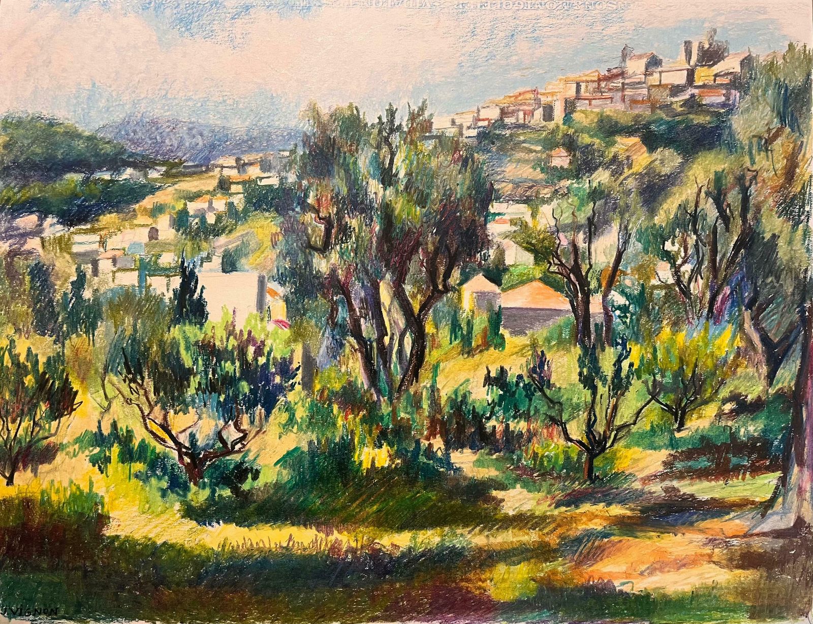 Josine Vignonmid Century French Original Pastel Painting Of Hillside Village With Olive Trees1950's