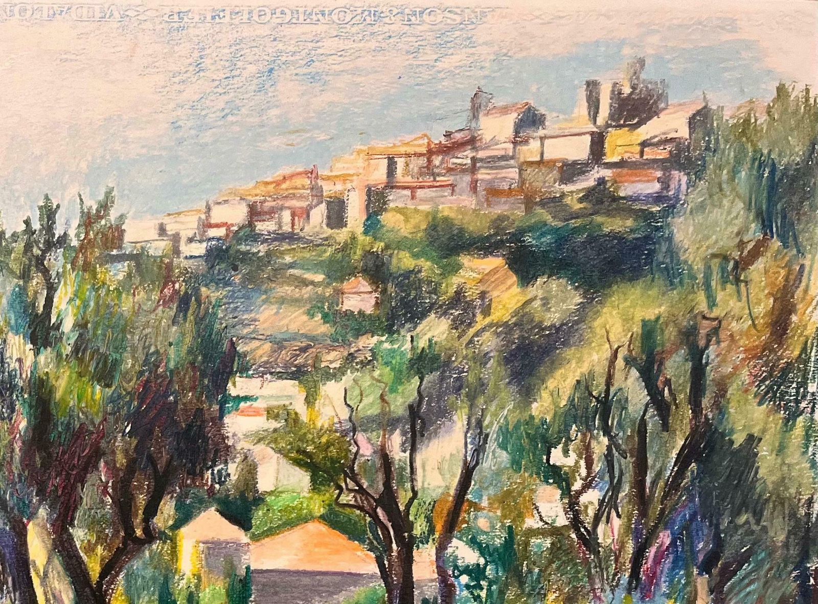 Josine Vignonmid Century French Original Pastel Painting Of Hillside Village With Olive Trees1950's photo Art