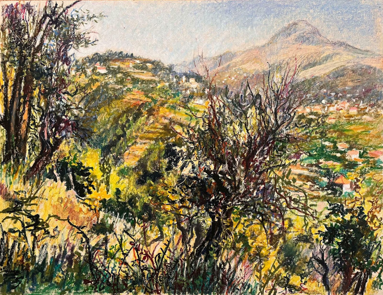 Josine Vignonmid Century French Pastel Drawing Of Mountain View With Sunlit Foliage1950's