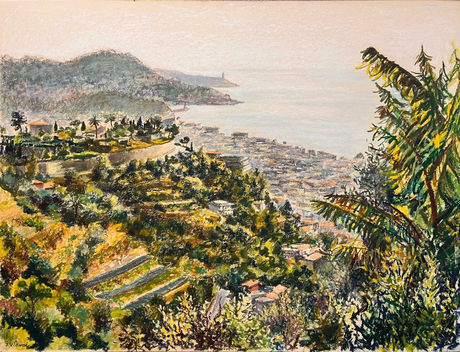 Josine Vignonmid Century French Pastel Drawing Of Coastal Hillside With Sea And Town View1950's