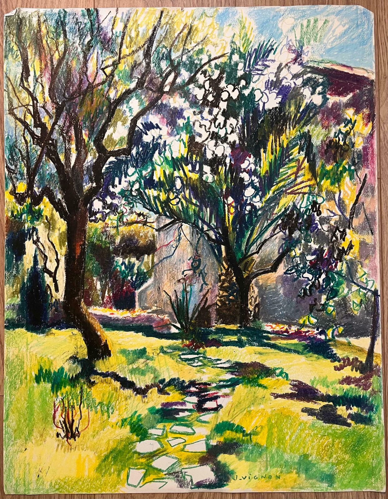 Josine Vignonmid Century French Pastel Drawing Of Sunlit Garden With Blooming Trees1950's photo furniture