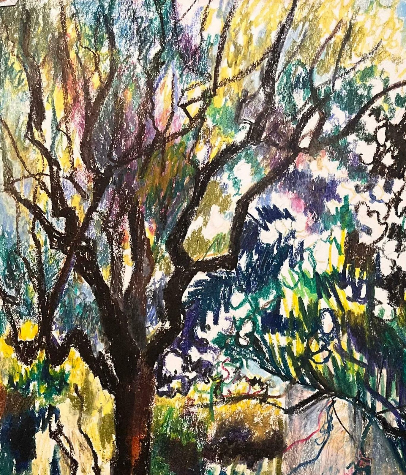 Josine Vignonmid Century French Pastel Drawing Of Sunlit Garden With Blooming Trees1950's photo for sale
