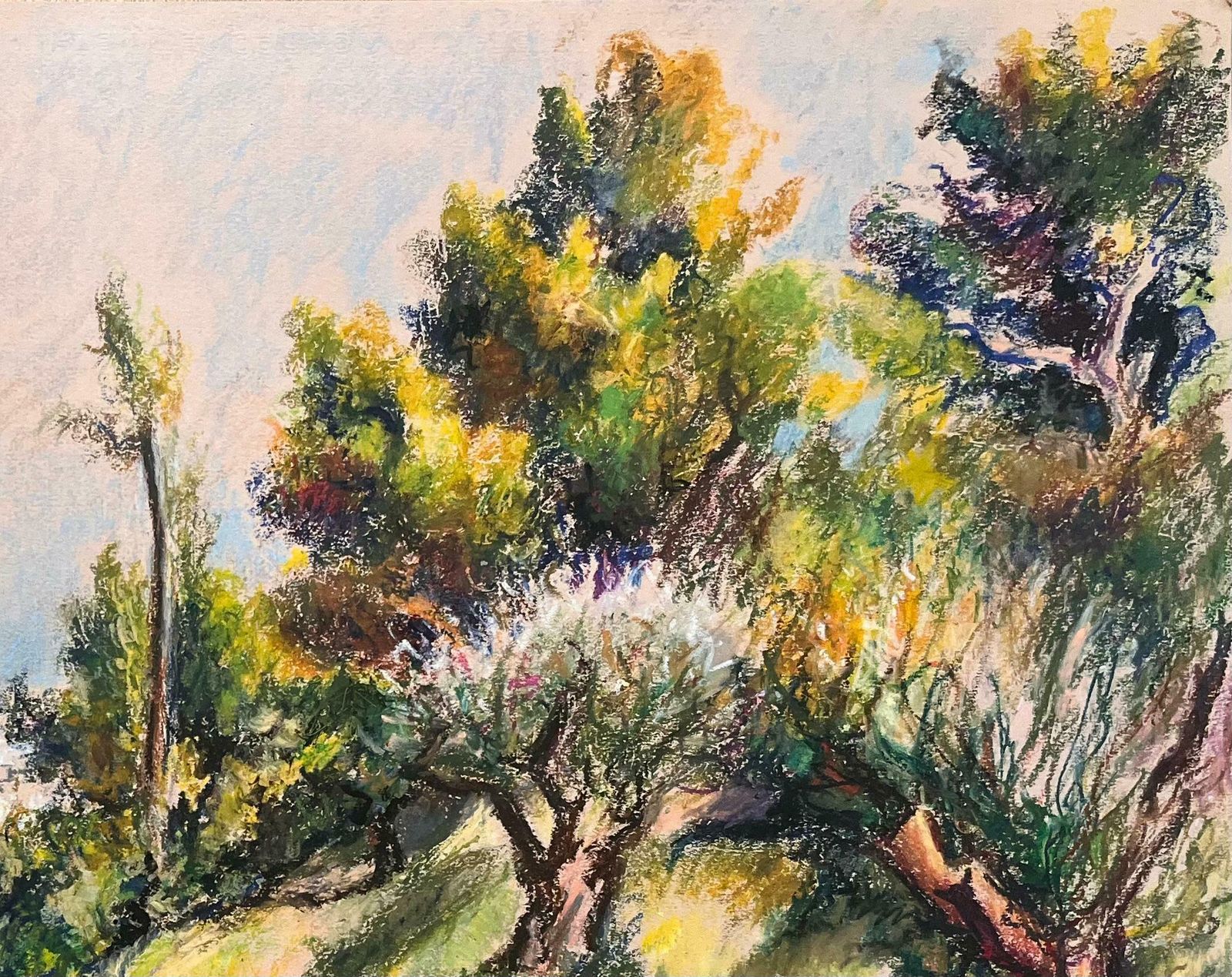 Josine Vignonmid Century French Pastel Drawing Of Hillside View Looking Down To Coastal Town1950's photo Art