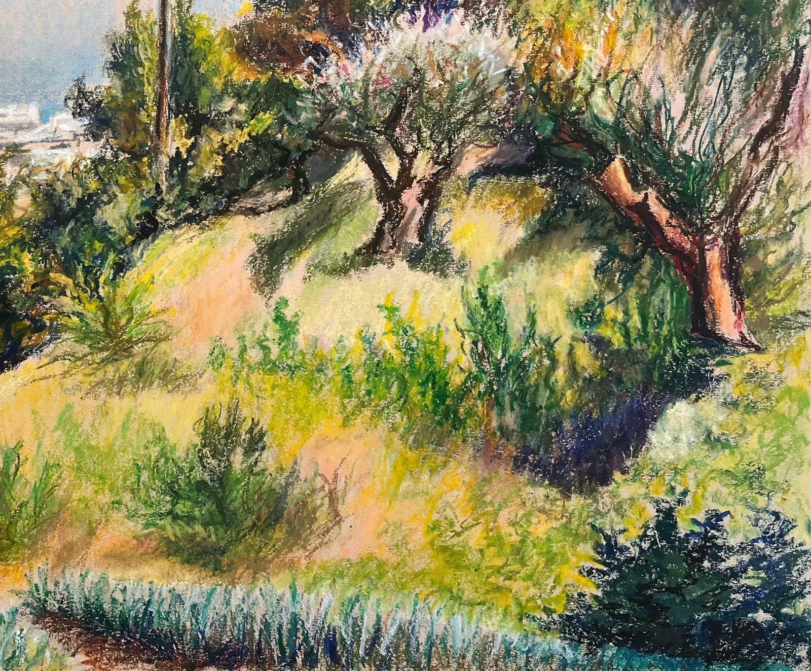 Josine Vignonmid Century French Pastel Drawing Of Hillside View Looking Down To Coastal Town1950's photo 775.0