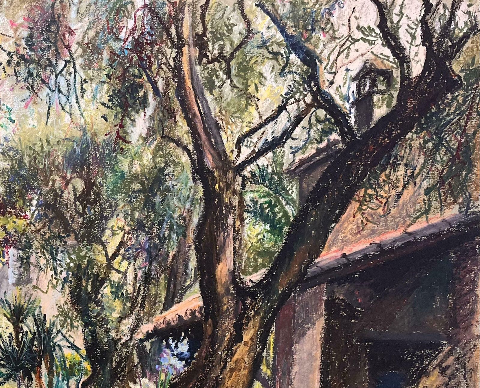 Josine Vignonmid Century French Pastel Drawing Of Garden With Olive Trees And Cottage1950's photo Art