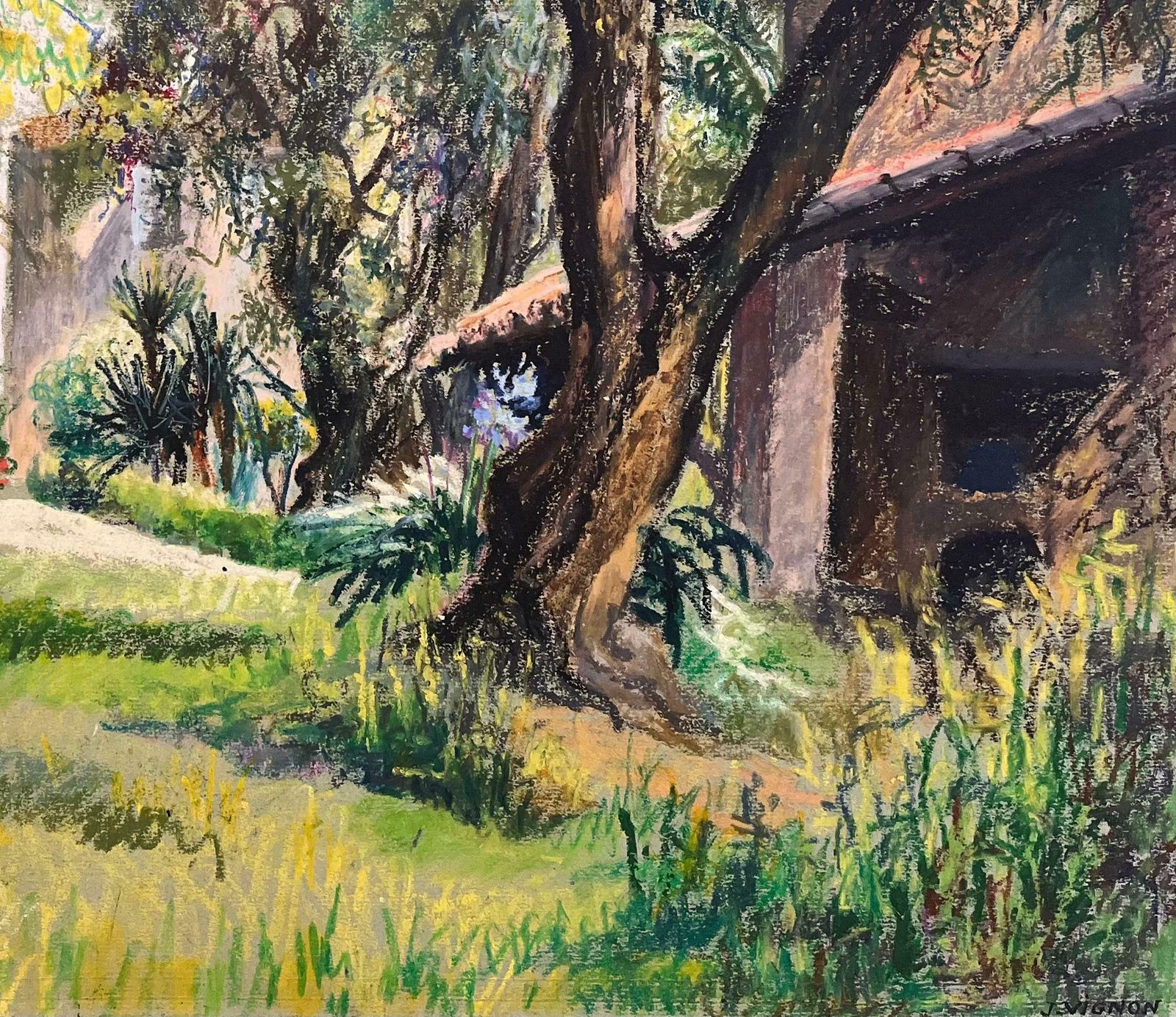 Josine Vignonmid Century French Pastel Drawing Of Garden With Olive Trees And Cottage1950's photo 575.0
