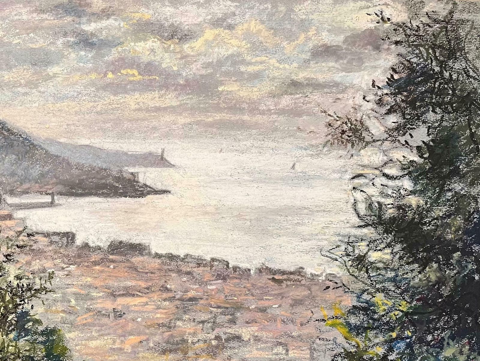 Josine Vignonmid Century French Pastel Drawing Of Coastal Town With Hills Overlooking The Sea1950's photo Art