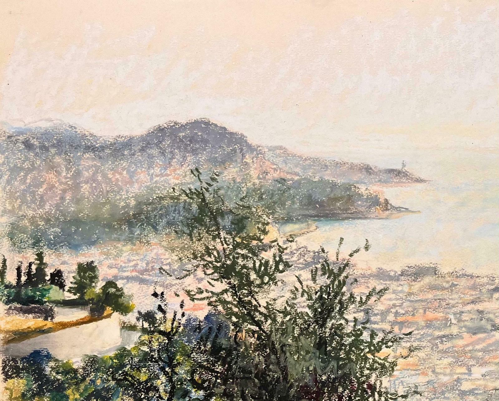 Josine Vignonmid Century French Pastel Drawing Of A Lush Garden Overlooking Coastal Scene1950's photo for sale
